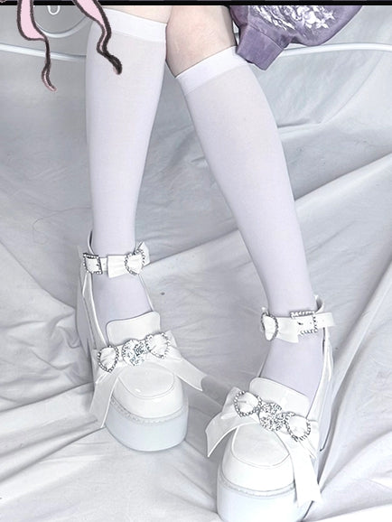 Polished Heel Shoes Top with Loafers High Accents Bow White Block Jirai Kei Rhinestone Platform
