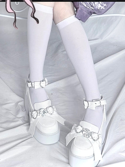 Polished Heel Shoes Top with Loafers High Accents Bow White Block Jirai Kei Rhinestone Platform
