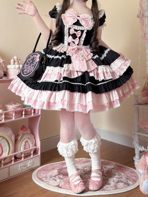 Stück und rosa Ärmel Lolita Schleife Ein Kleid süße kurze Akzente schwarz