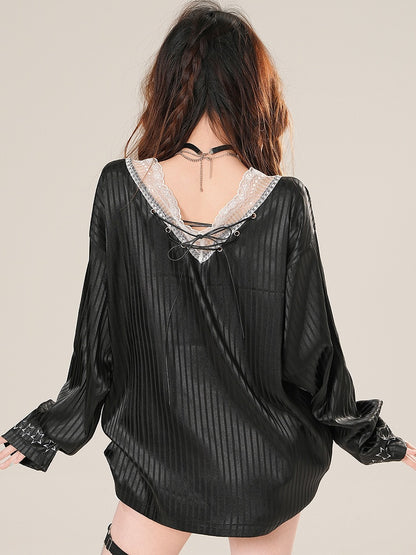 Striped Bittersweet Trim Glamorous Black Core Long Sleeves Top Blokette Print Floral Lace