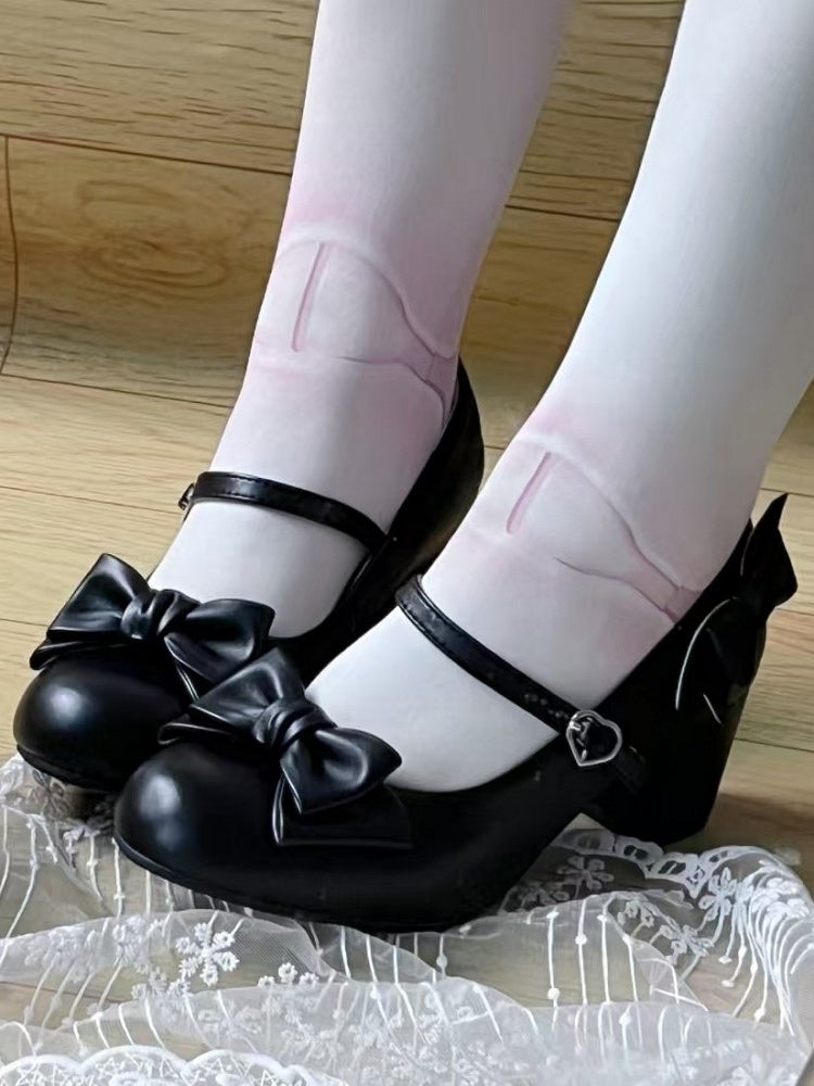 PU Mid Snap Black Sweet Decor Lolita Bow Heels Heart with