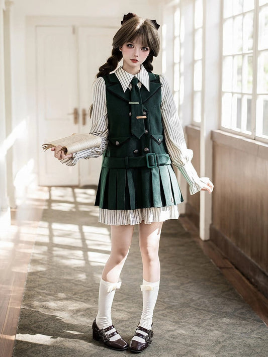 Style Tonal Green Bloomers Tie Two-pieces OP Preppy Hat Fake Lolita +