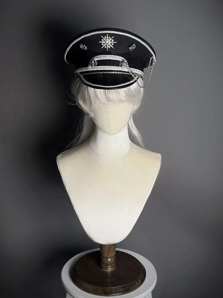 Military Lolita Chain Hat – Black & Silver, Alice Girl