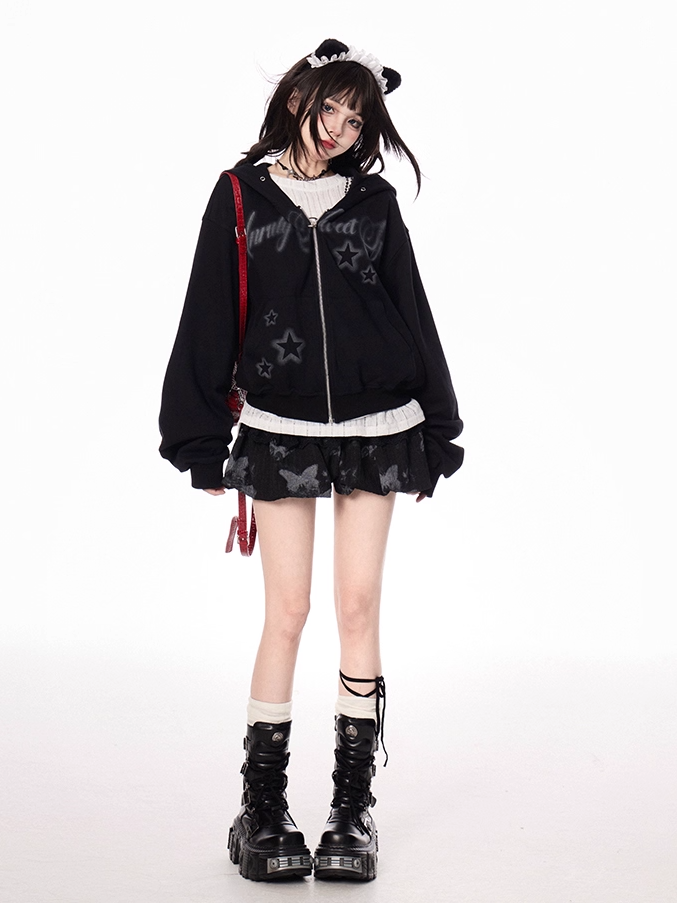 Autumn for Black Letter and Star Print Zip-up Hoodie