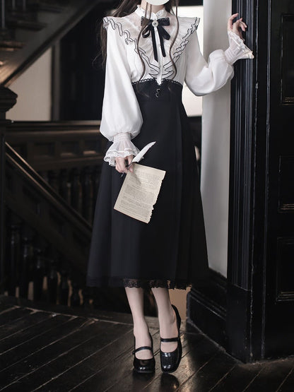 Long Kei Clean Faux Aesthetic with Flounce Innocent - White Elegant Neckline Two-Piece Tiered and Jirai Dress Black