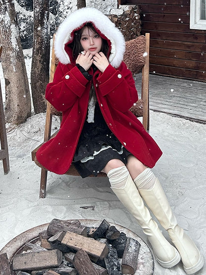 プラスサイズ レッド プラッシュトリム フード付きウールコート