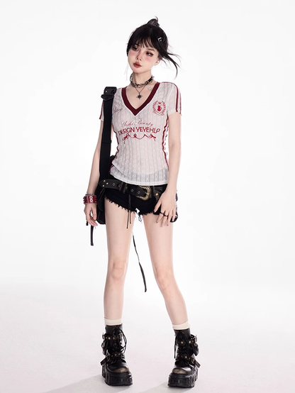 ブラック/ホワイト Vネック レター刺繍 セミシアーTシャツ