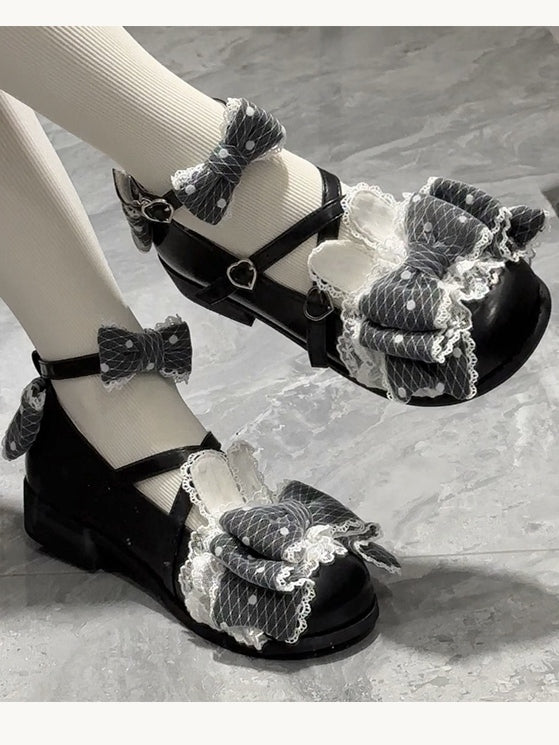 Mary - Heart Black Toe Dot Round Jane Bunny Ear Buckles with Polka Shoes Low/Mid-heel Bows
