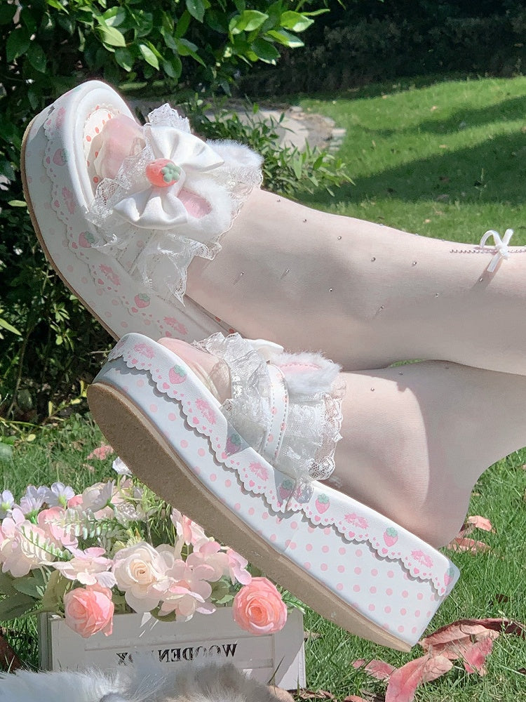 Lolita Lace White Accents Plush Sweet Bow Ear Platform Bunny Slippers Trim