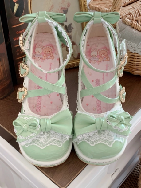 Green in Sweet Lace-trimmed Bow Platform Transparent Heels Ball - Lolita Light Shoes