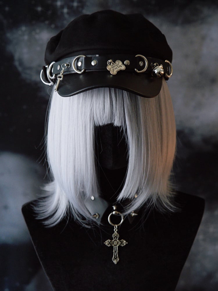 Nieten Kreuz Baskenmütze und Knochen Hut Schwarz Gothic Details Charme