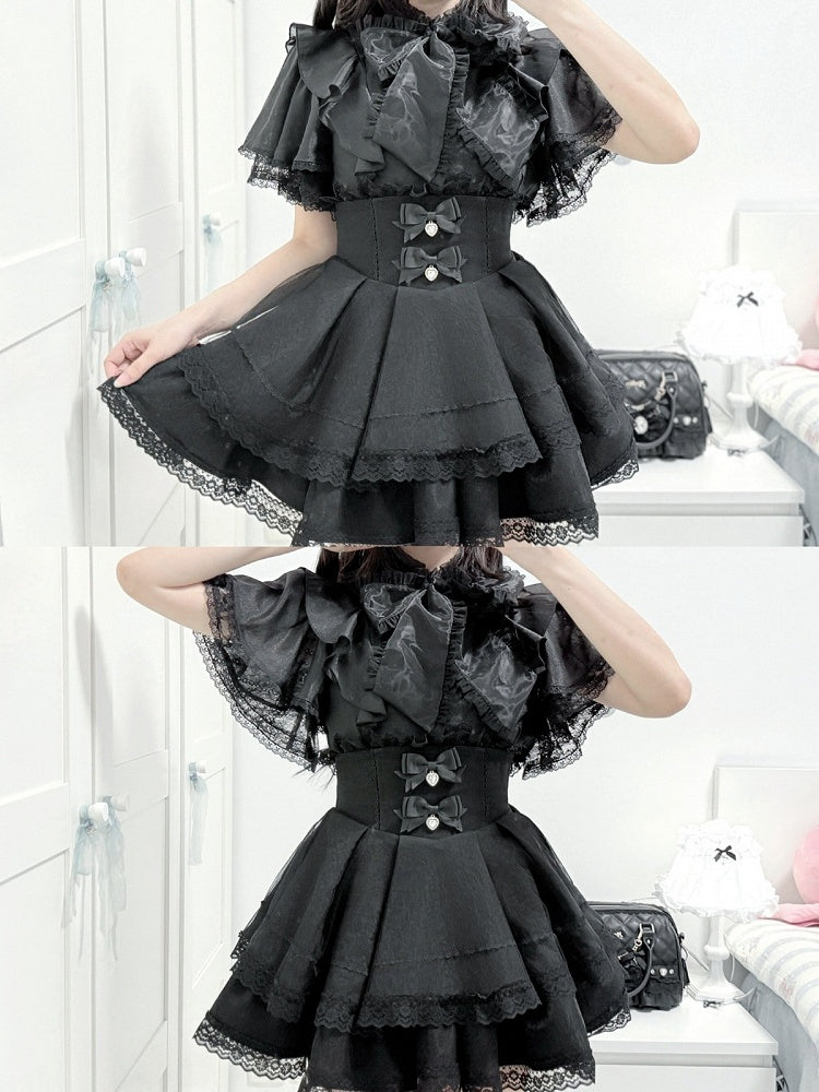 Black Jirai-Kei Lace Butterfly Sleeve Blouse with Hand-tied Bow - shirohato