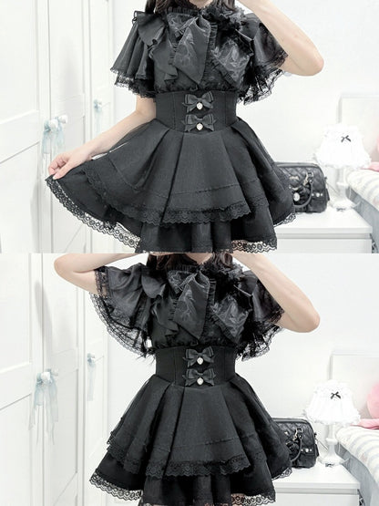 Black High-waisted Double-layer Skirt with Lace Trim & Bow - shirohato