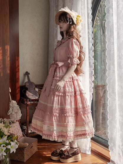 Pink Layered Ruffles Elegant Dress with Front Buttons - Miss Point