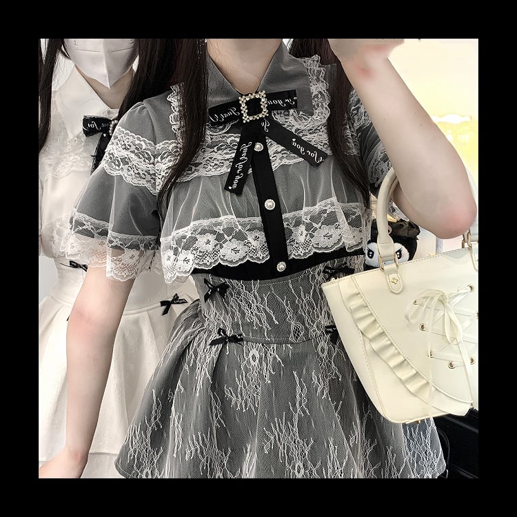 ジライケイ ブラック/ホワイト/ブラックホワイト レースケープデザイン 半袖ブラウス