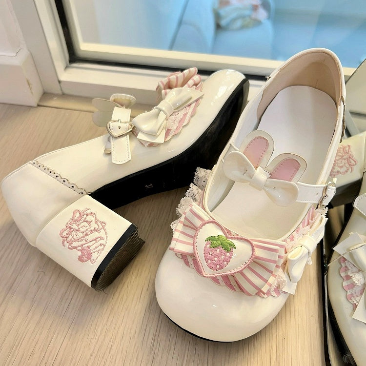 Heels Sweet White Embroidered with Lolita Mid Appliques Strawberry Heart