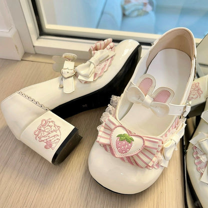 Heels Sweet White Embroidered with Lolita Mid Appliques Strawberry Heart