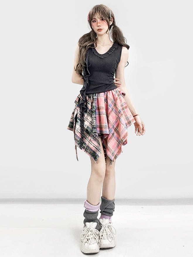 非対称のほろ苦いトリム裾フリルグレーグラマラス