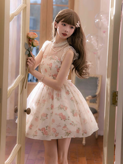 Kleid Rosa Print Rosette Weiß Illusion Lolita Sommer Ausschnitt