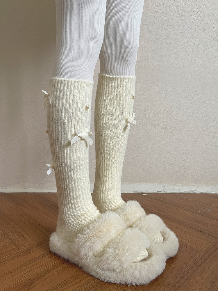 Stockings Accents Heart Ribbed with Bow