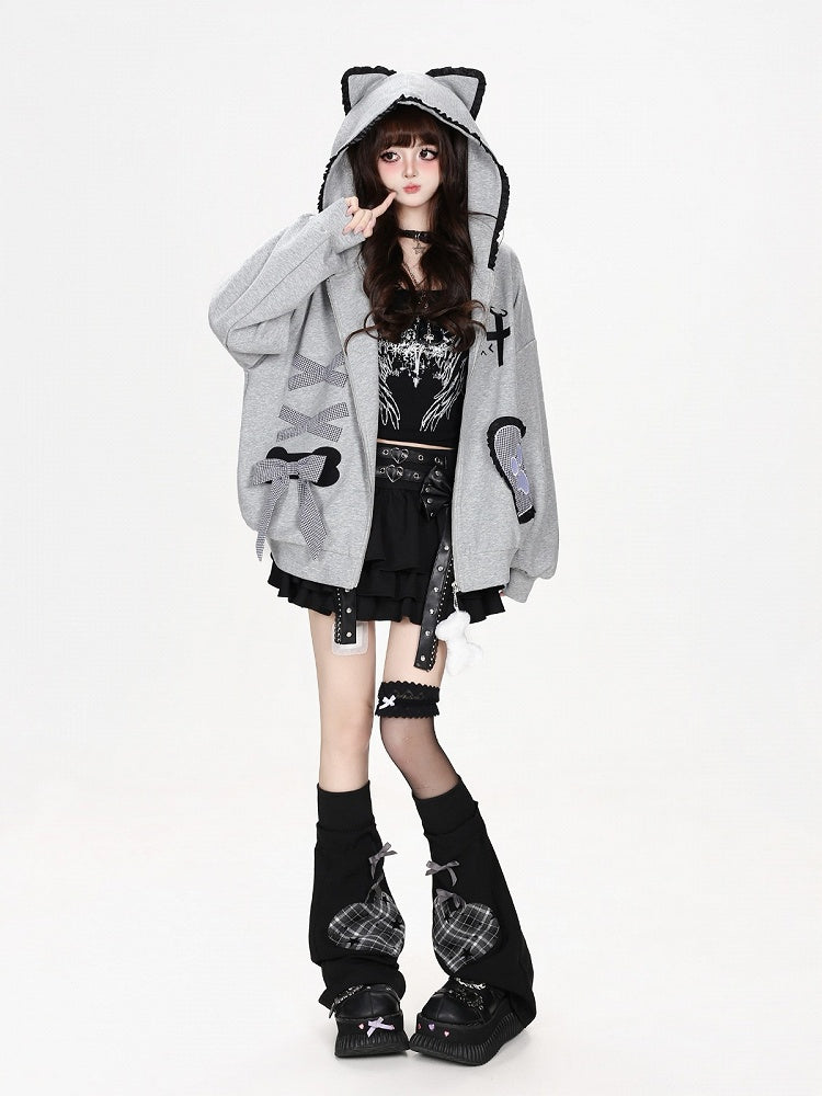 Kawaii Ruffled Kitty-Ear Hooded Jacket with Bow and Heart Patch in Grey - CRAZY GIRL