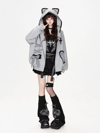 Kawaii Ruffled Kitty-Ear Hooded Jacket with Bow and Heart Patch in Grey - CRAZY GIRL