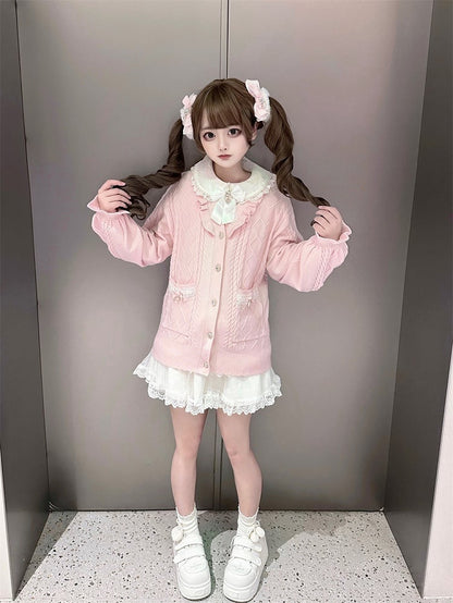 Sweet Jirai Kei Light Pink Knit Sweater with Heart-Shaped Rhinestone Buttons