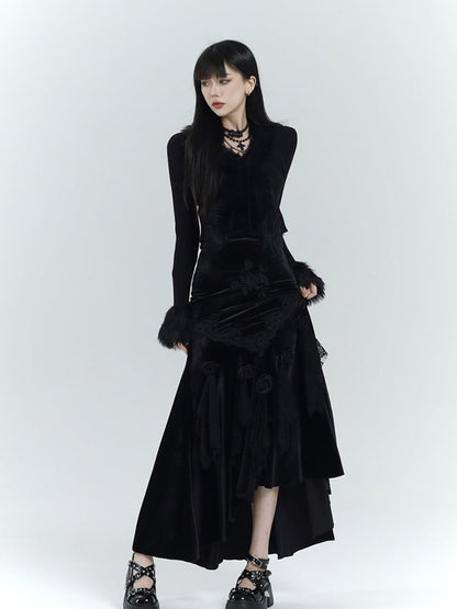 ゴシックブラックベルベットロゼットレーストリムハイローマーメイドスカート