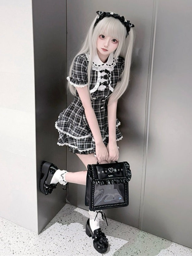 Black White Jirai Kei Plaid Fake Two-Piece Dress with Shorts Set - Puppet Bombs