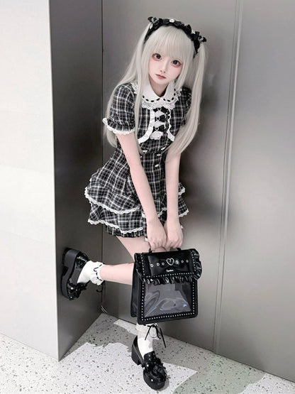 Black White Jirai Kei Plaid Fake Two-Piece Dress with Shorts Set - Puppet Bombs