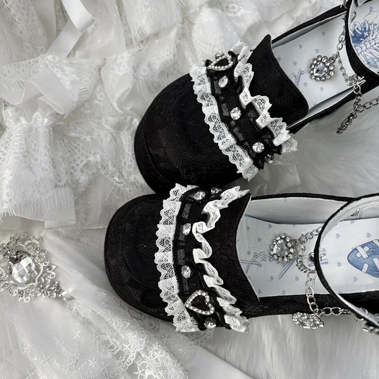 Heels: Jirai Chunky Lace with Black 12cm Heel Block Platform Kei