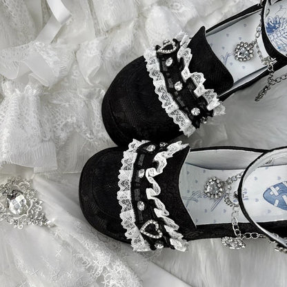 Heels: Jirai Chunky Lace with Black 12cm Heel Block Platform Kei