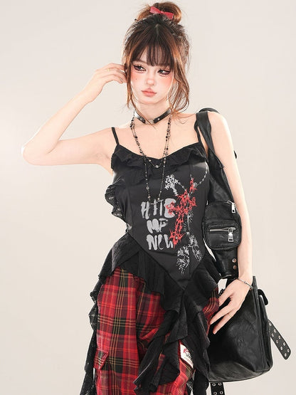 Black Cross Asymmetrical Flounce Hem Cami Top