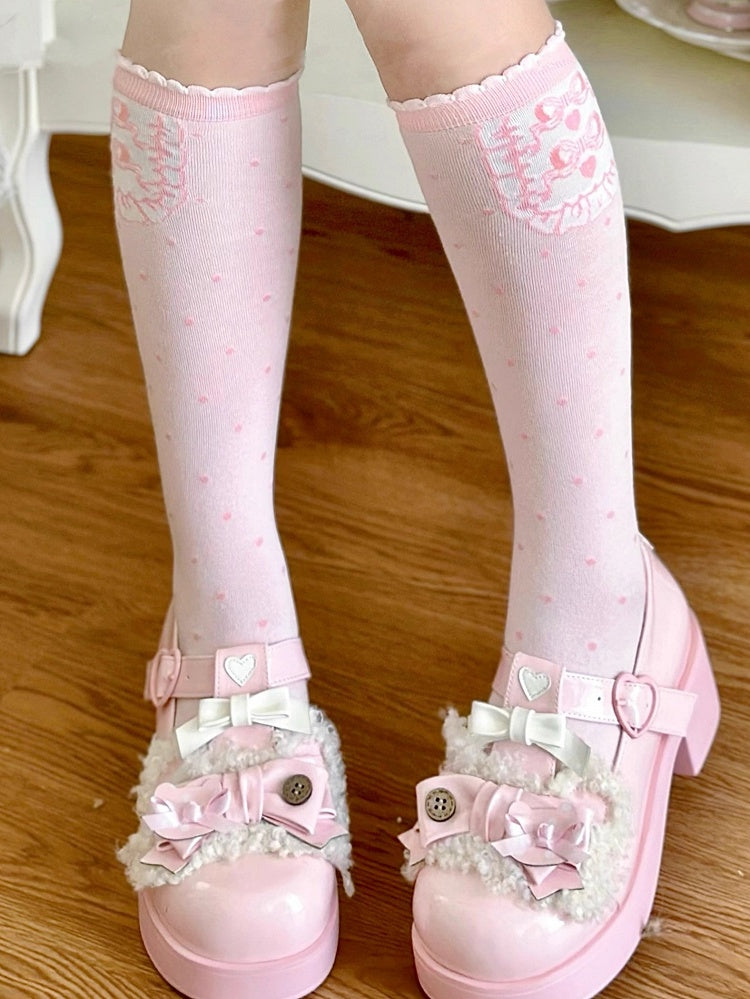 Pink Print Pattern Calf Bowknot Lolita Polka-dot Socks