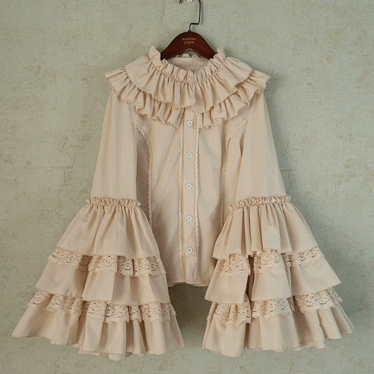 アプリコットのフリルネックライン、レイヤードベルスリーブブラウス