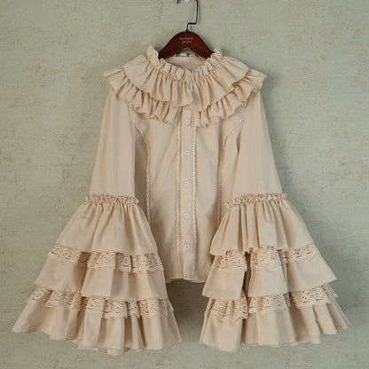 アプリコットのフリルネックライン、レイヤードベルスリーブブラウス