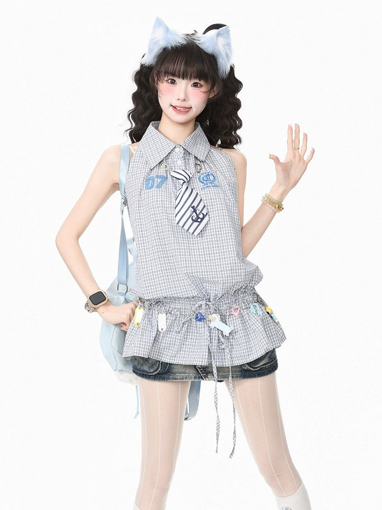 Gray Plaid Peplum Sleeveless Blouse with Flared Hem - Languid Park