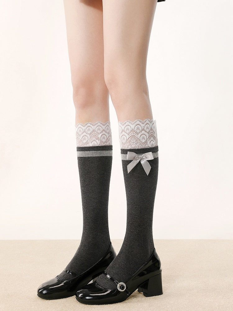 Gray Calf Bow Black/White/Dark Accent Socks Trim Lace