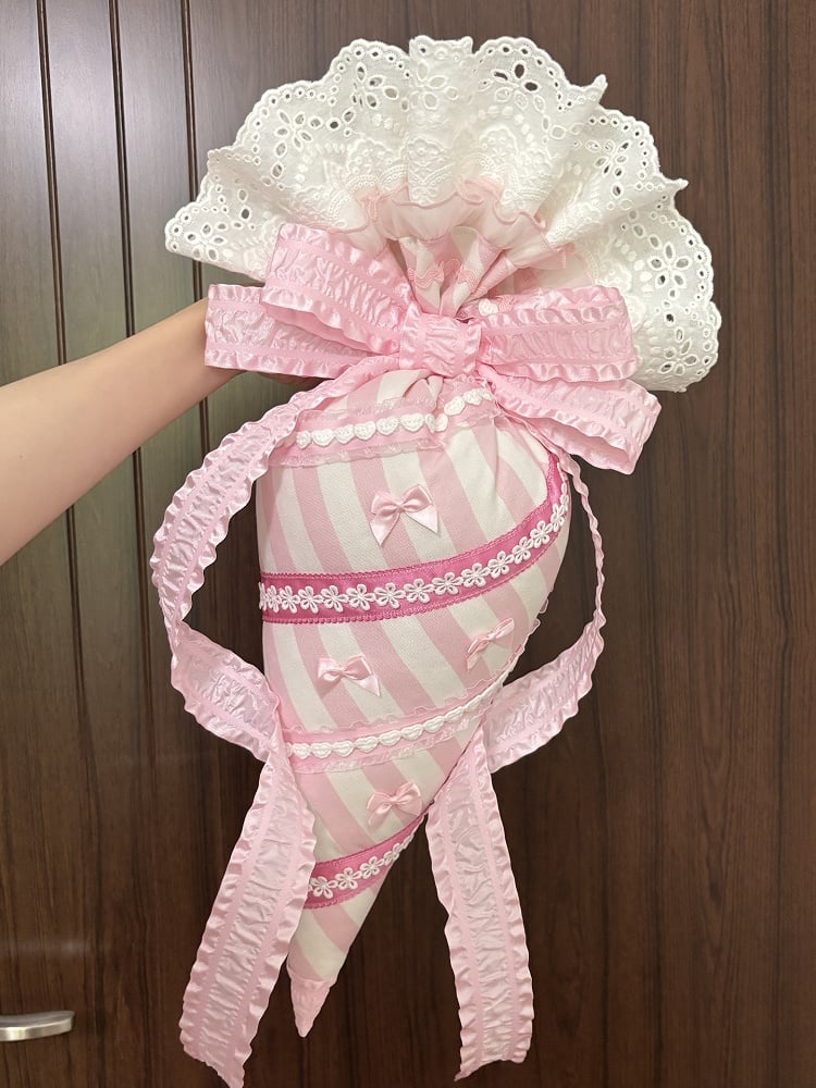 Pastry Bag with Pink/Blue/Green Ribbon Embellishments and Striped Lace
