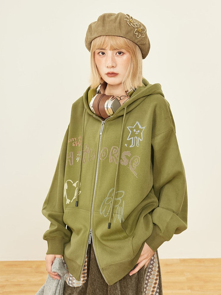 Print Zip Olive Hoodie Placket Kawaii Hood - Drawstring Green Letter Two-way