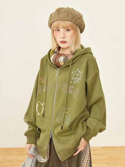 Print Zip Olive Hoodie Placket Kawaii Hood - Drawstring Green Letter Two-way