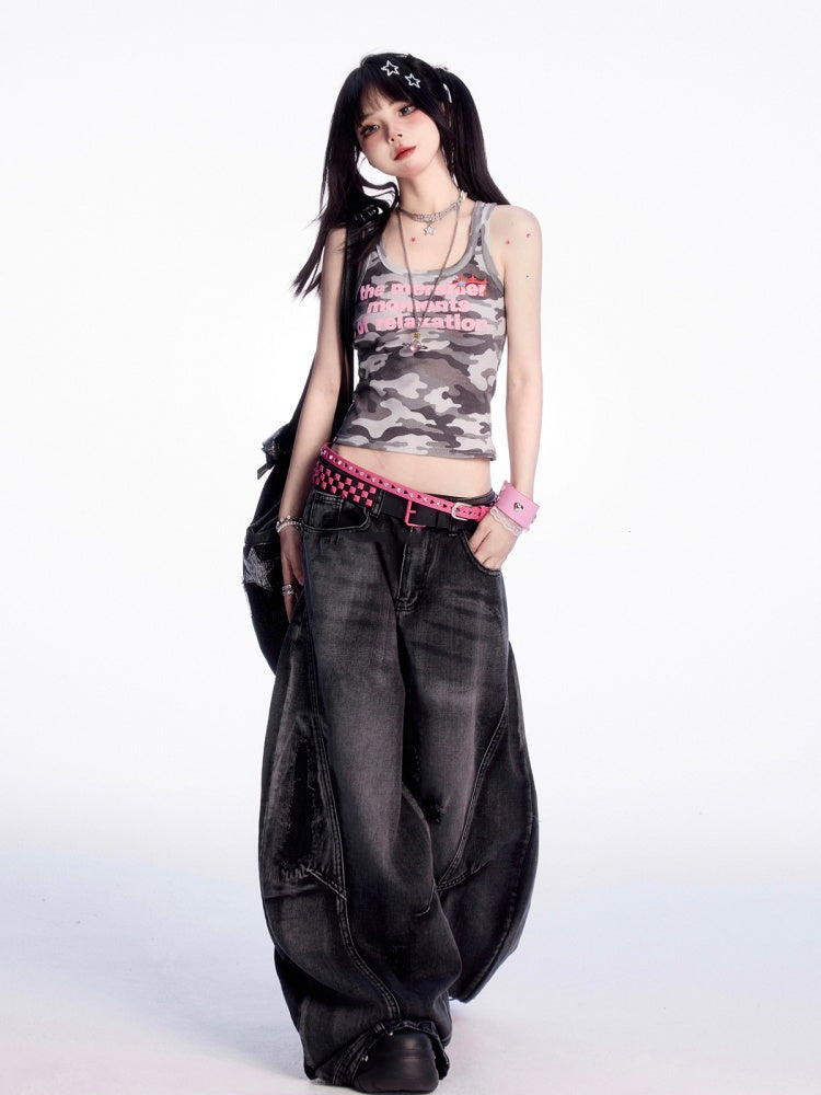 Schwarze Jeans mit Vintage-Taille und Distressed-Löchern und weitem Bein