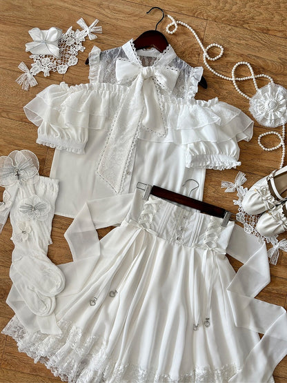 Landmine White Lace Cutout Short Sleeve Blouse with Bow Detail - YoshiKi