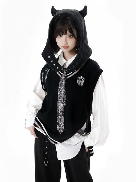 Gothic Black Strap Vest Accents and with Cross Buckle Academia Chain Knit