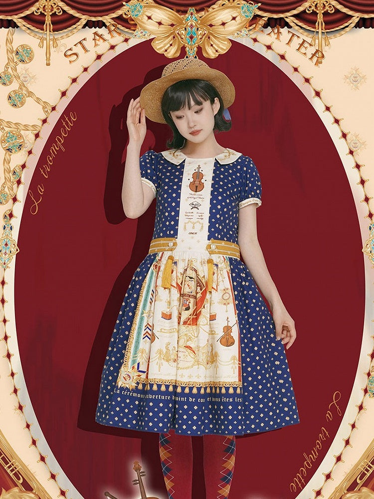 Short Dark Blue Musical Print Peter Pan Collar OP Dress with Tassels - Crucis Universal Tailor Company