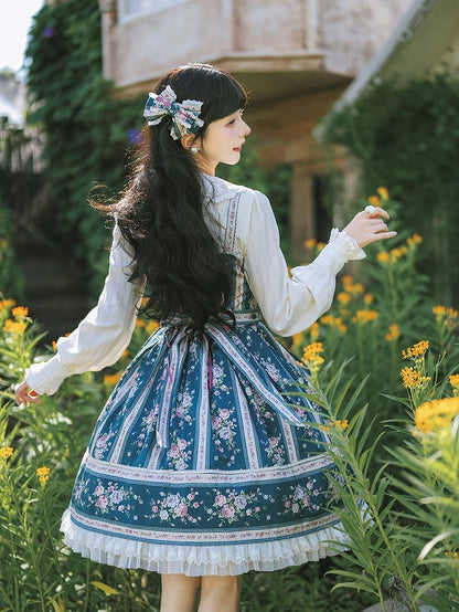 Teal Floral Print Classic Lolita JSK Dress with Back Lace-Up & Box Pleat Skirt - Miss Cube Dressworks