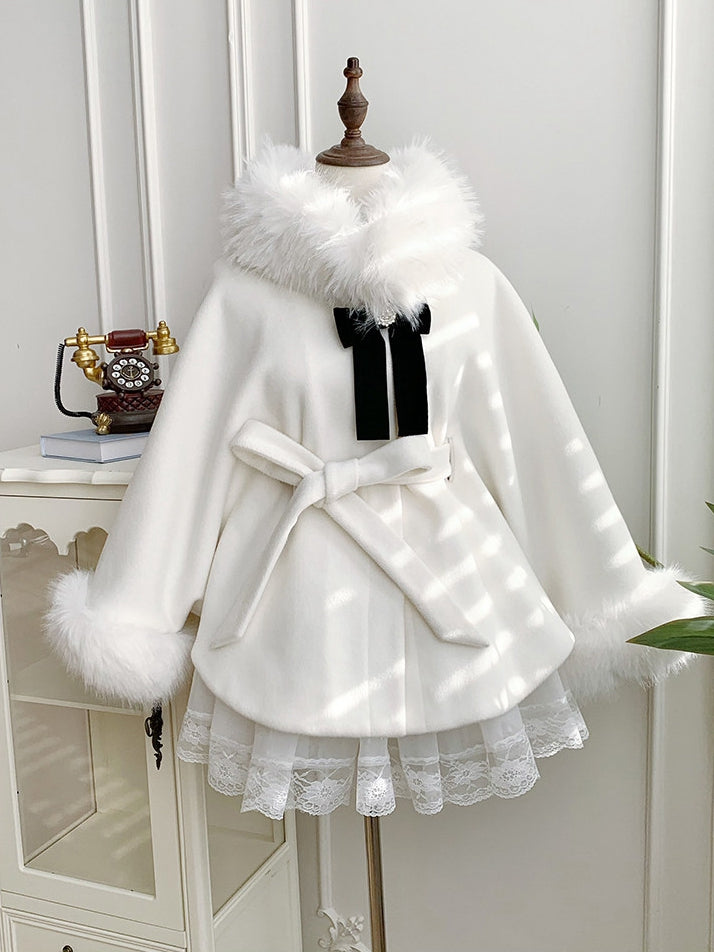 Detachable Lining Coat Fleece Cape with Fur Winter Lolita Collar White