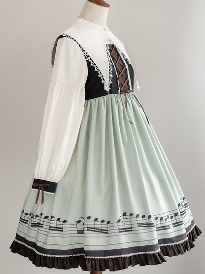 Musical Note Green Autumn Lolita Long Sleeves Dress with Separate Pointed Collar