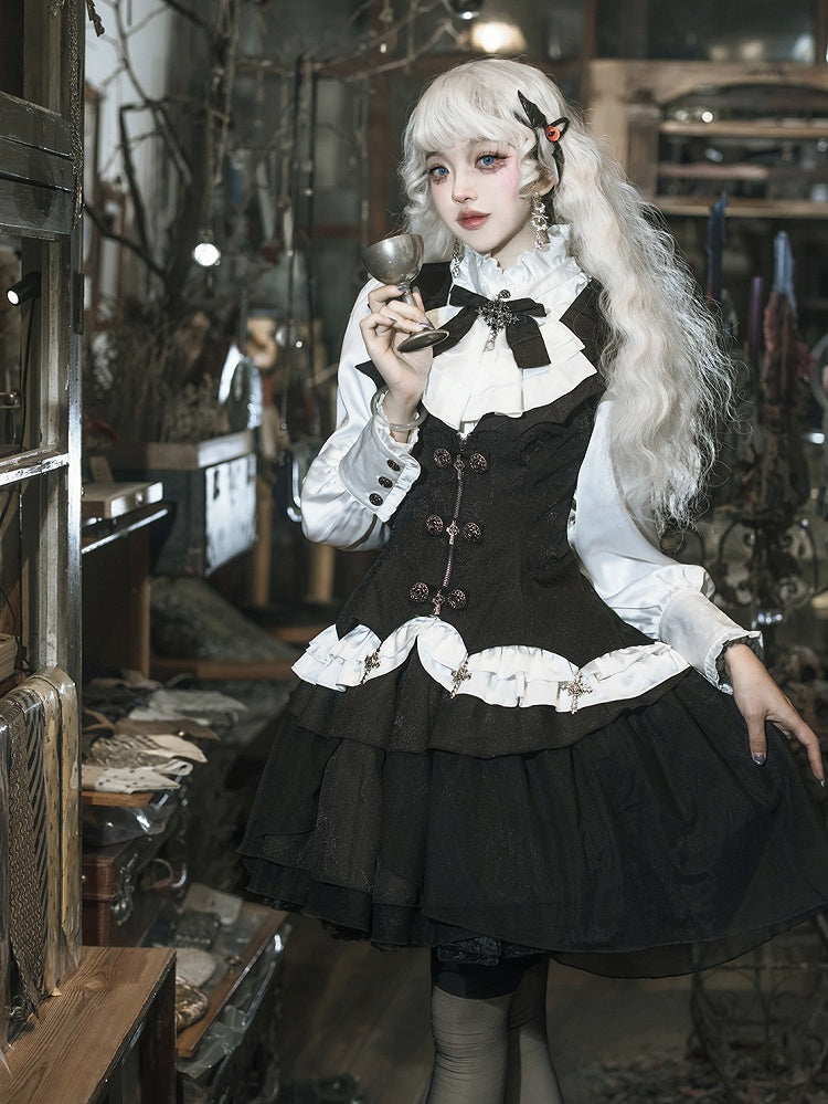Gothic Ensemble: White & Black Lolita Shirt, Cross Charm Waistcoat, Spider Web Skirt - Unknown Star