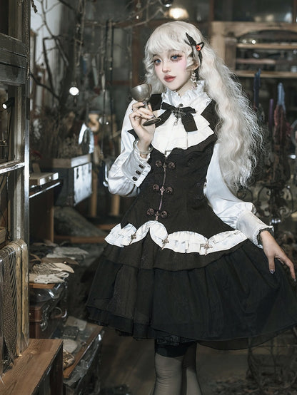 Gothic Ensemble: White & Black Lolita Shirt, Cross Charm Waistcoat, Spider Web Skirt - Unknown Star